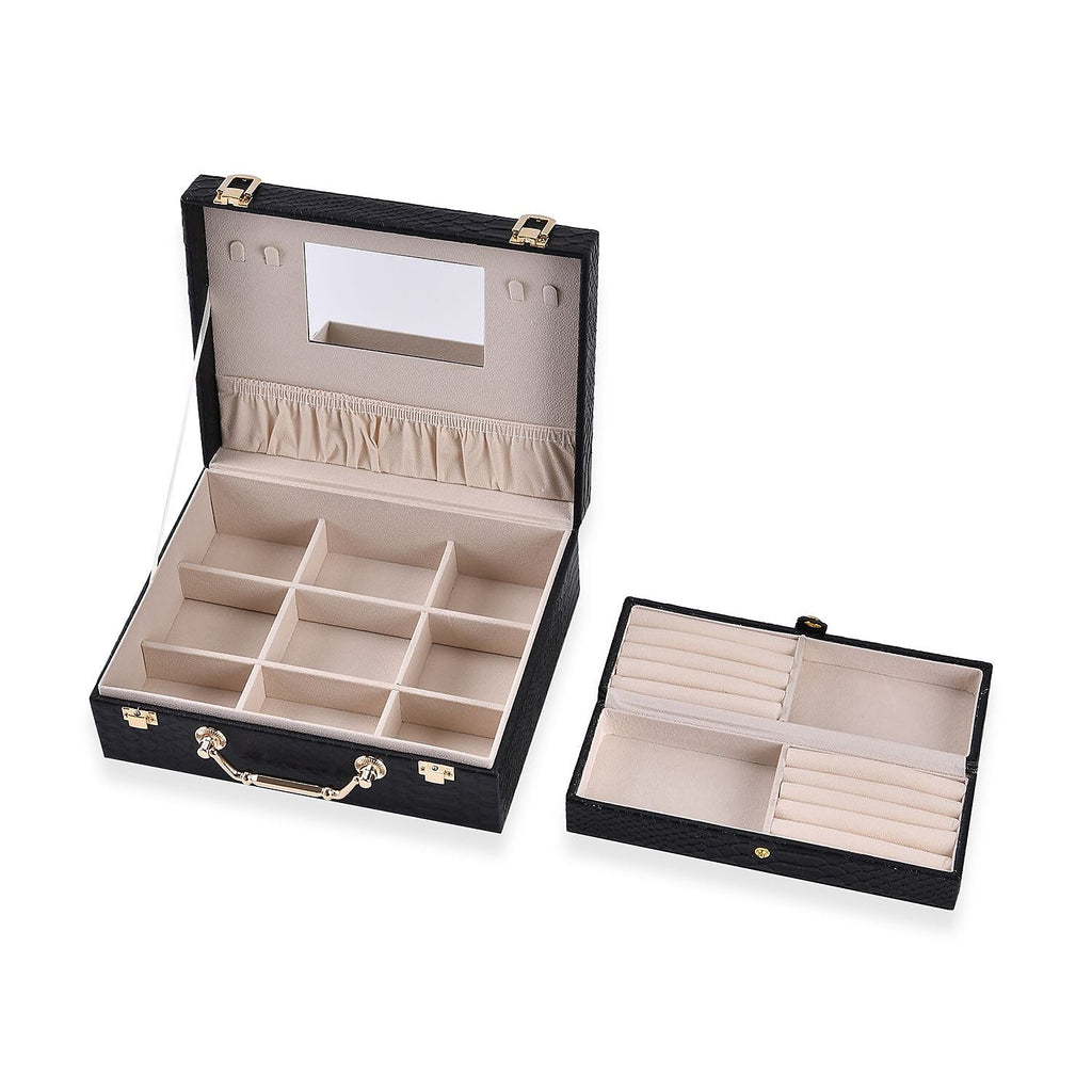 Set of 2 Leatherette Snake Skin Pattern Jewellery Box (Size Large-Small) - Black