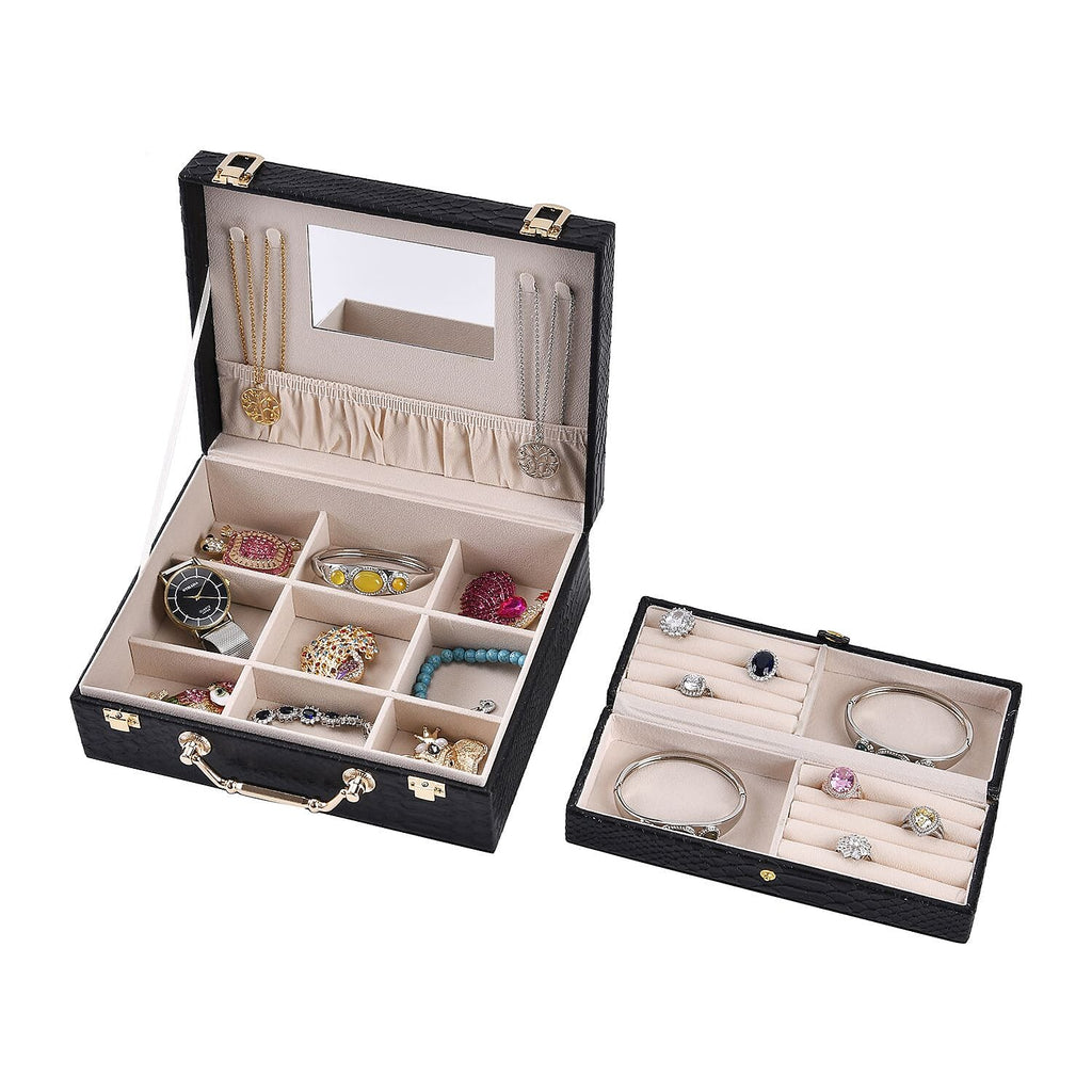 Set of 2 Leatherette Snake Skin Pattern Jewellery Box (Size Large-Small) - Black