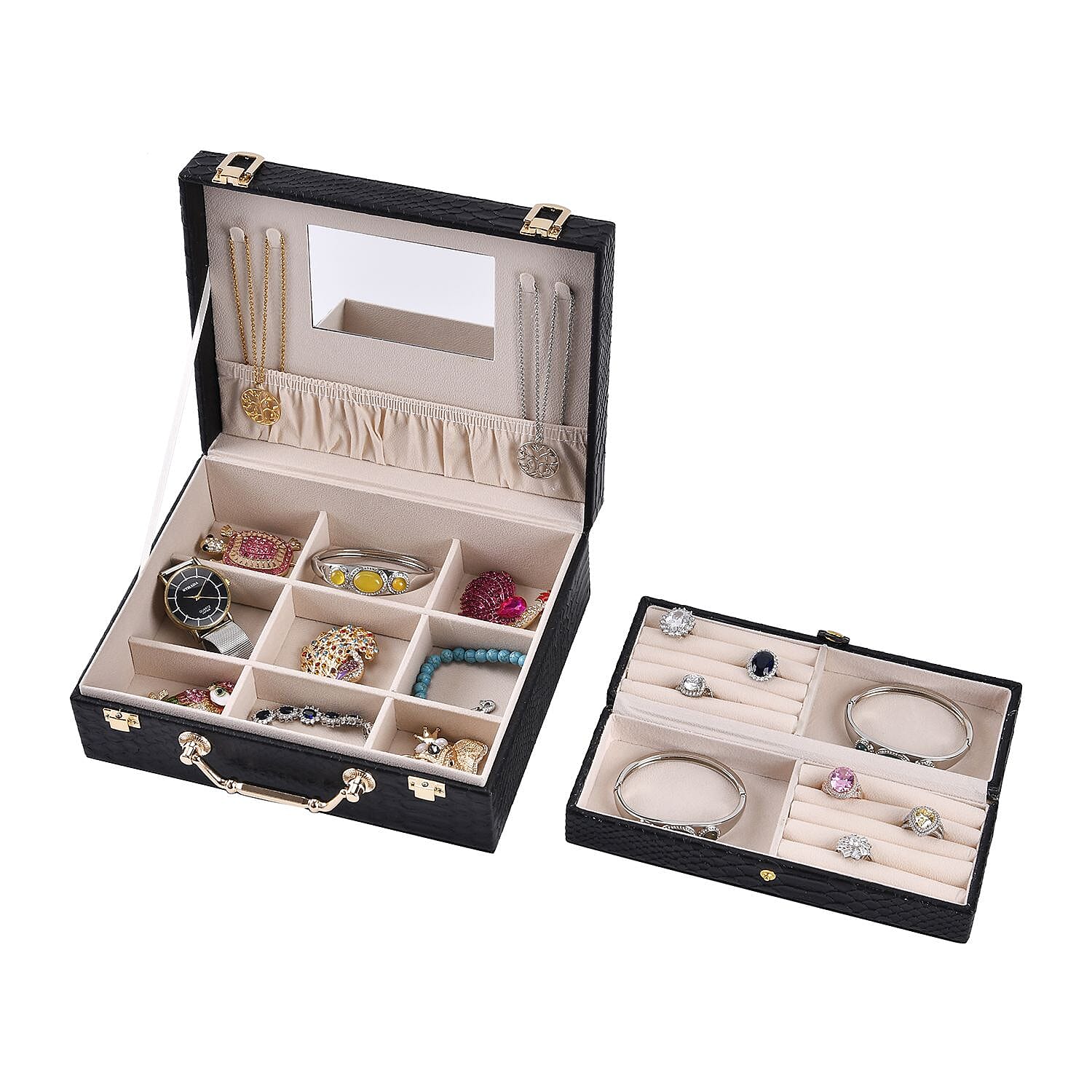 Set of 2 Leatherette Snake Skin Pattern Jewellery Box (Size Large-Small) - Black