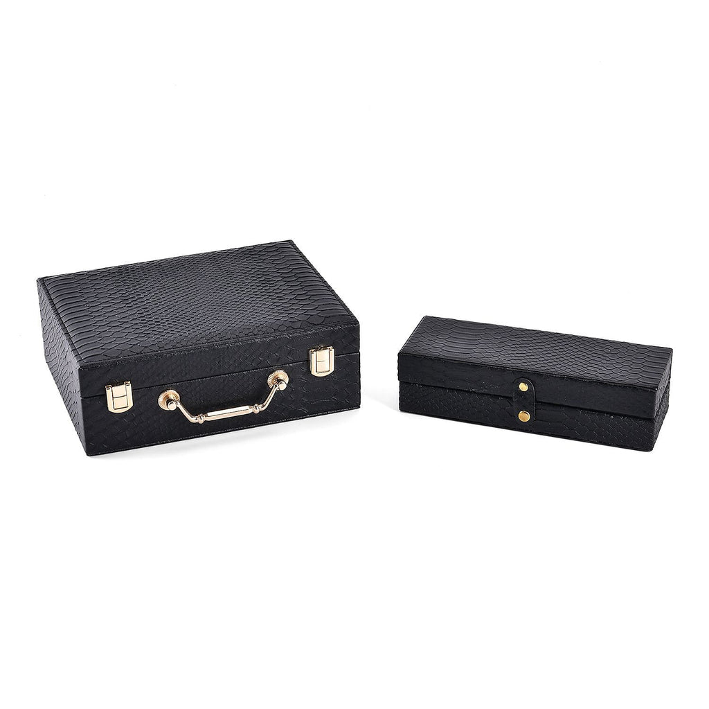 Set of 2 Leatherette Snake Skin Pattern Jewellery Box (Size Large-Small) - Black