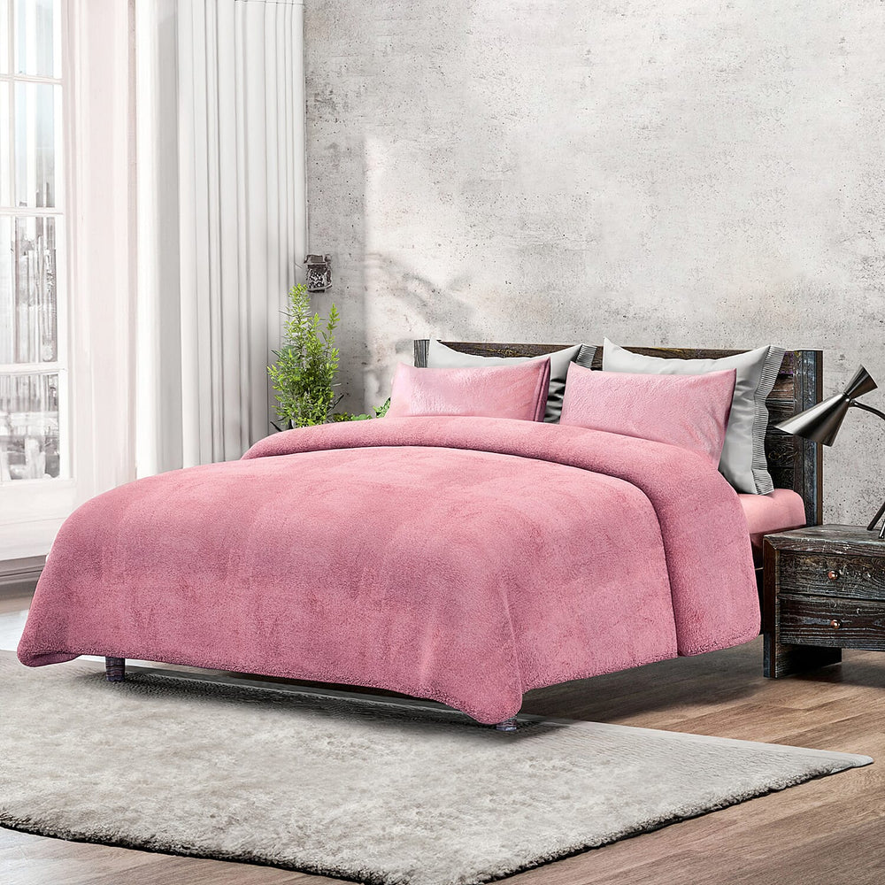 Sleep-Snuggle Luxurious Teddy Fleece Super Soft Warm and Cosy Duvet Cover with Pillow Case (Size Double) - Pink