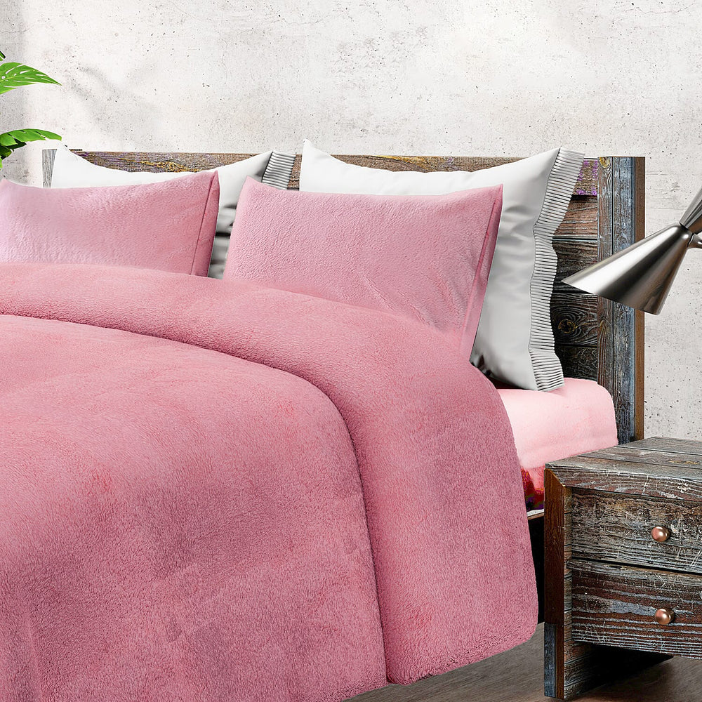 Sleep-Snuggle Luxurious Teddy Fleece Super Soft Warm and Cosy Duvet Cover with Pillow Case (Size Double) - Pink