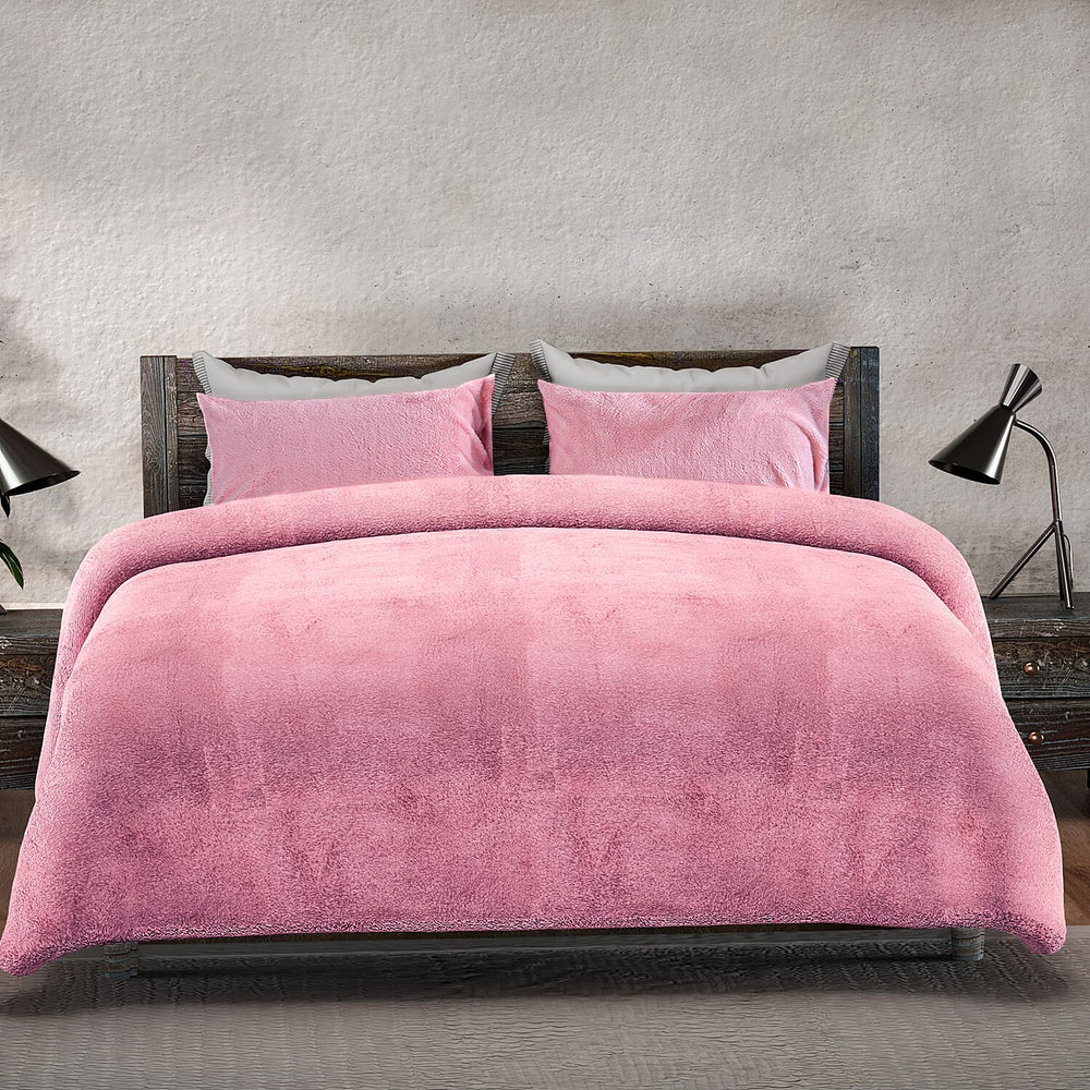 Sleep-Snuggle Luxurious Teddy Fleece Super Soft Warm and Cosy Duvet Cover with Pillow Case (Size Double) - Pink