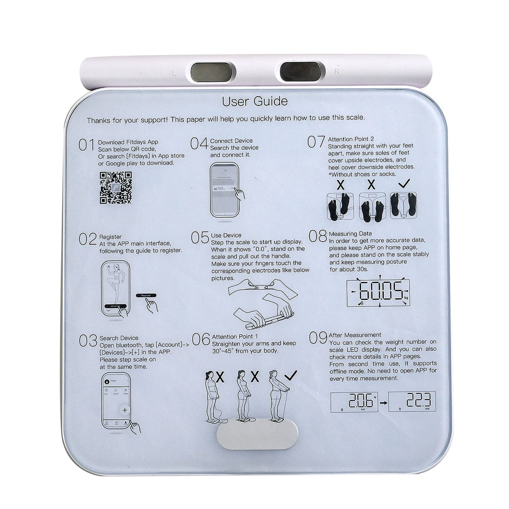"Smart Handle bar Body Fat scale With unique ITO pattern design Color--white  Product size -300x300x26mm Display size -86x36mm Power -4pcsxAA batteries ( Not including )  Capacity-180kg-4001b Division