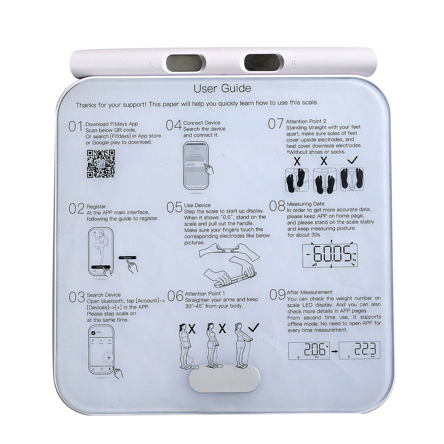 "Smart Handle bar Body Fat scale With unique ITO pattern design Color--white  Product size -300x300x26mm Display size -86x36mm Power -4pcsxAA batteries ( Not including )  Capacity-180kg-4001b Division