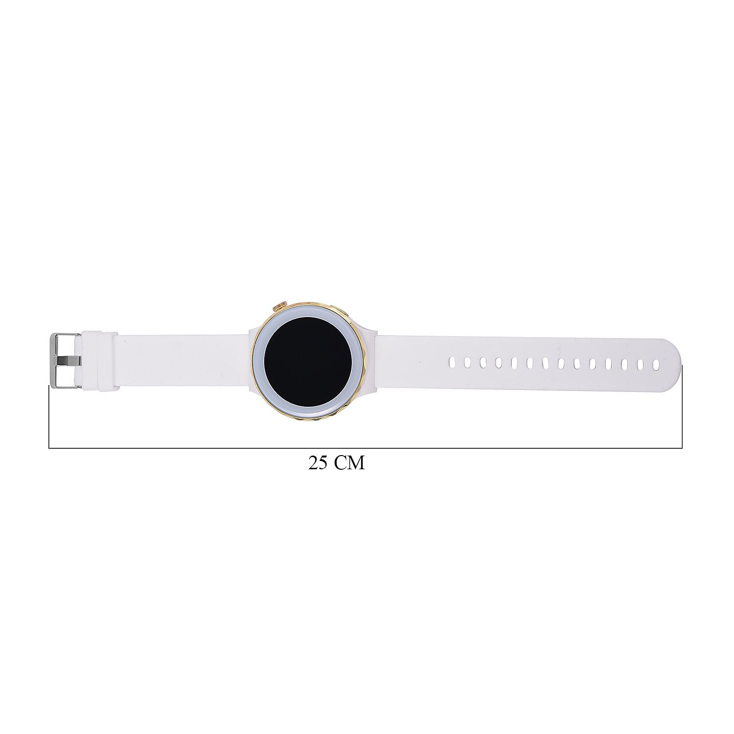 Smart Watch - Multi Face, with Steps, Sleep, Heart Rate, Blood, Spo2. Blue Literal Dial and White Silicone Strap