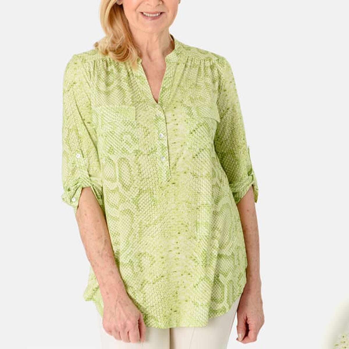 Snake Print V-Neck Jersey Half Button-Up Shirt (Size 16) - Green