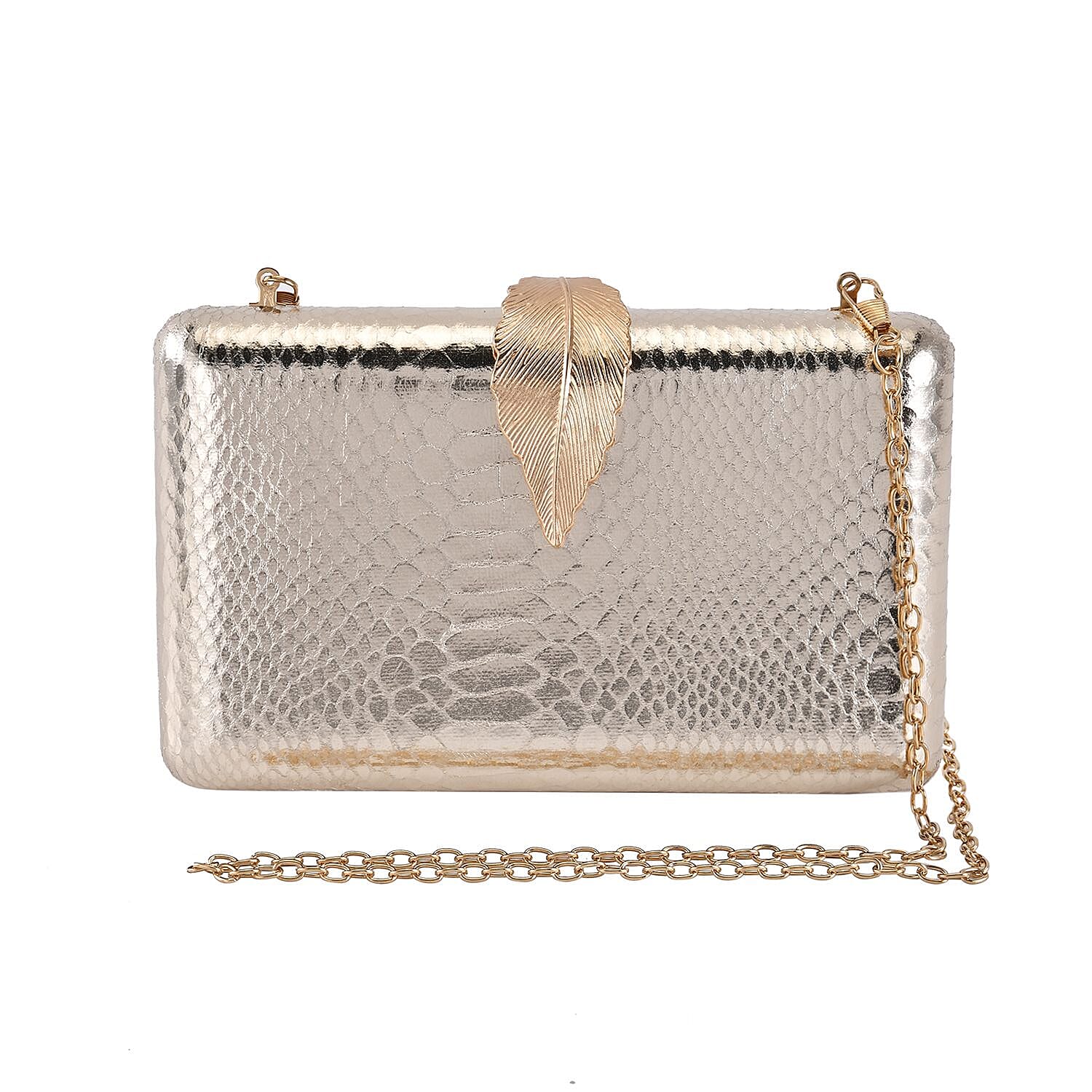 Closeout Deal - Snake Skin Pattern Clutch Bag with Leaf Clasp Closure - Gold