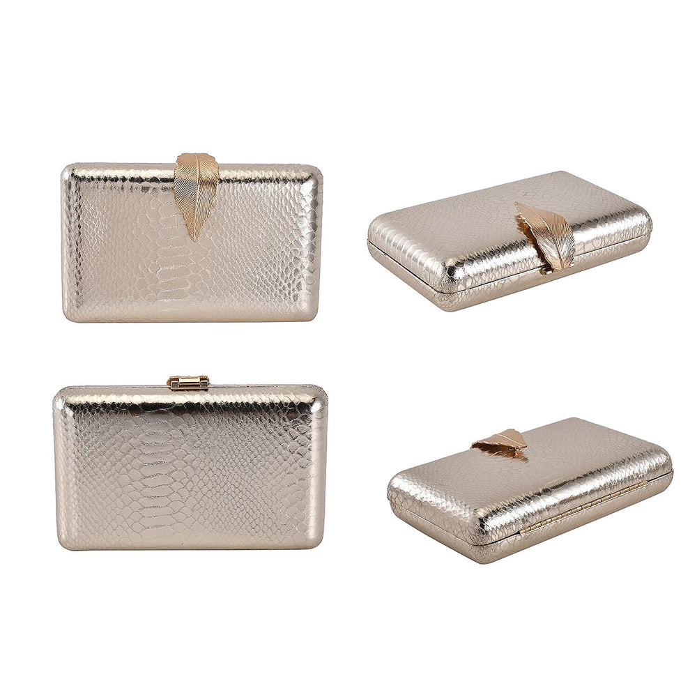 Closeout Deal - Snake Skin Pattern Clutch Bag with Leaf Clasp Closure - Gold