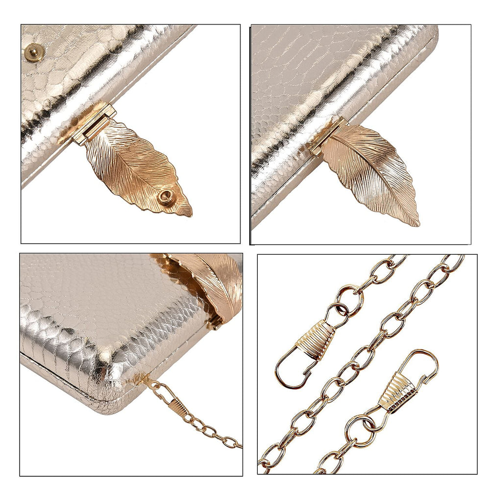 Closeout Deal - Snake Skin Pattern Clutch Bag with Leaf Clasp Closure - Gold