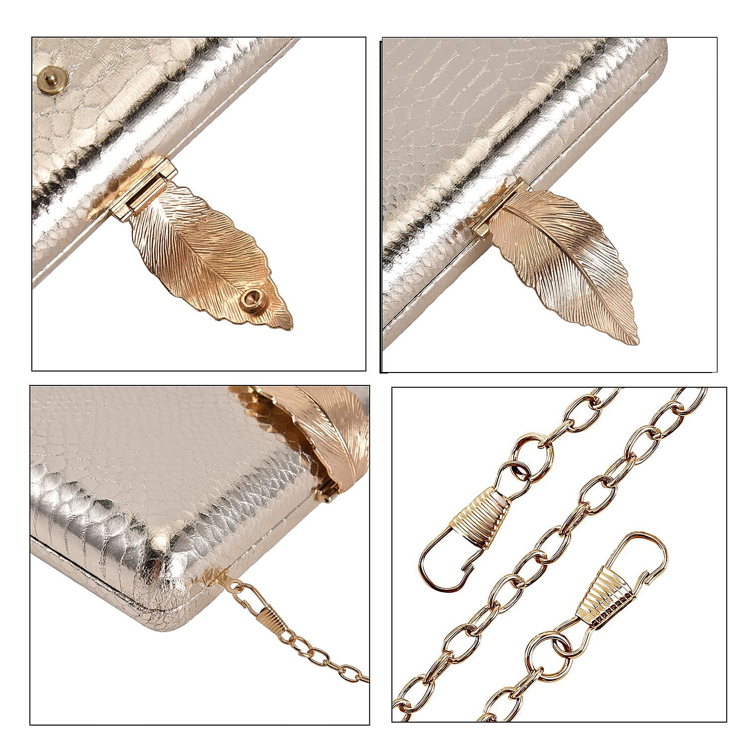 Closeout Deal - Snake Skin Pattern Clutch Bag with Leaf Clasp Closure - Gold