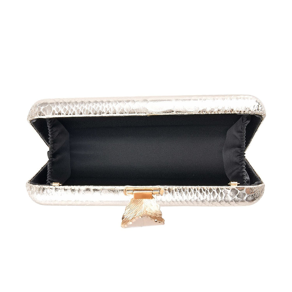 Closeout Deal - Snake Skin Pattern Clutch Bag with Leaf Clasp Closure - Gold