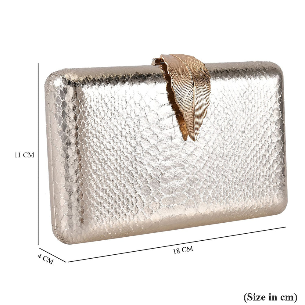 Closeout Deal - Snake Skin Pattern Clutch Bag with Leaf Clasp Closure - Gold