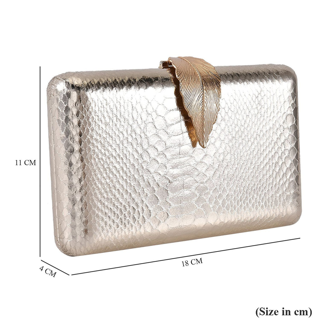 Closeout Deal - Snake Skin Pattern Clutch Bag with Leaf Clasp Closure - Gold