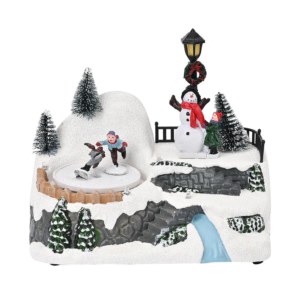 Musical Light up Christmas Village Scene with Rotating Skaters and Snowman