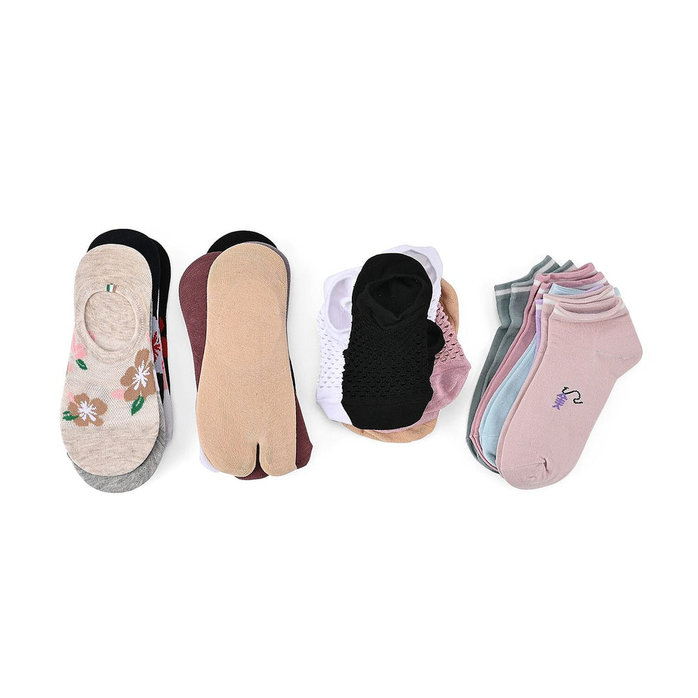 Set of 20 Pairs Socks (Incl. 5 Pairs of Flip Flop, Mesh Designed, Floral & Low-Cut Socks) - Multi