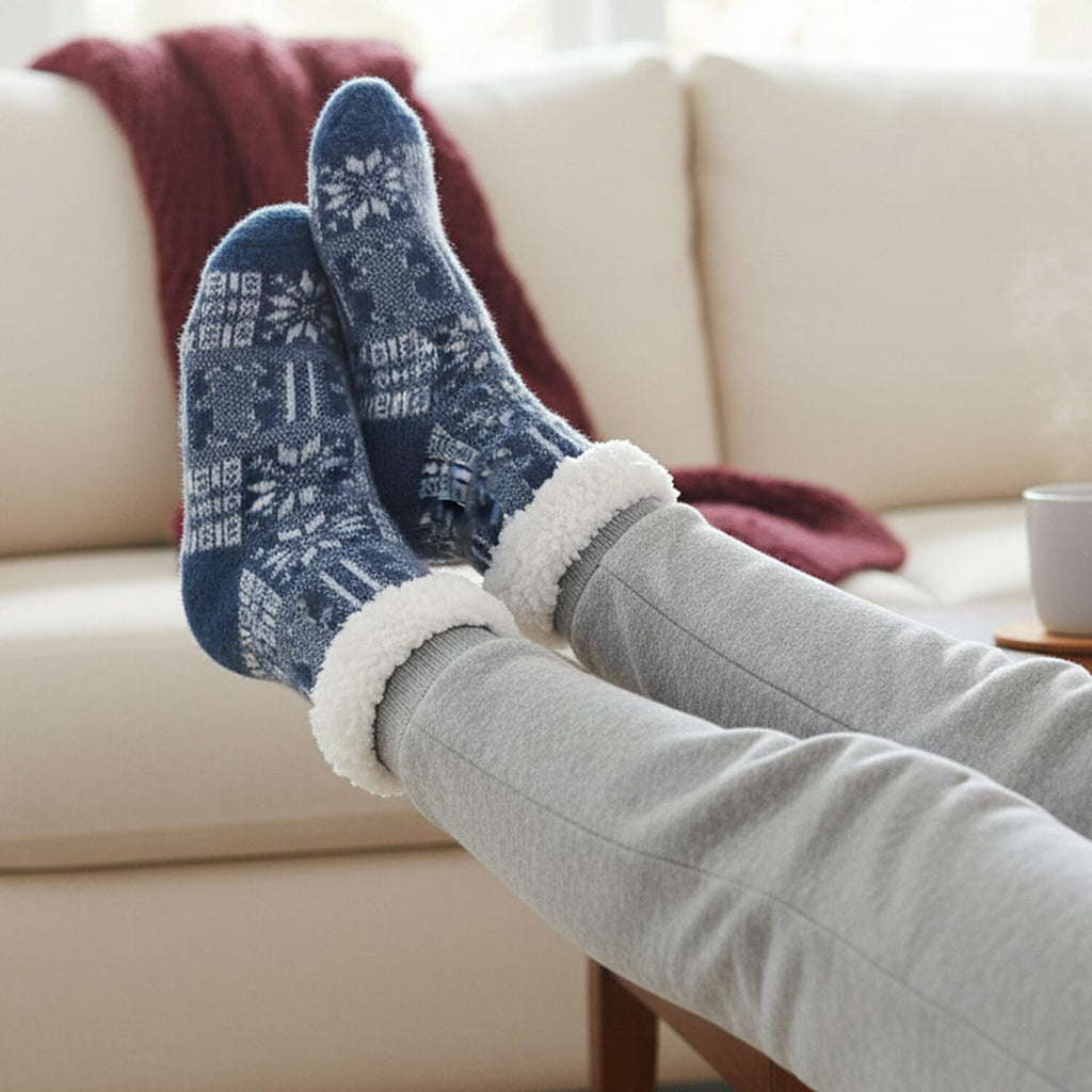 Snowflake Pattern Thick Warm Sherpa Socks - Blue