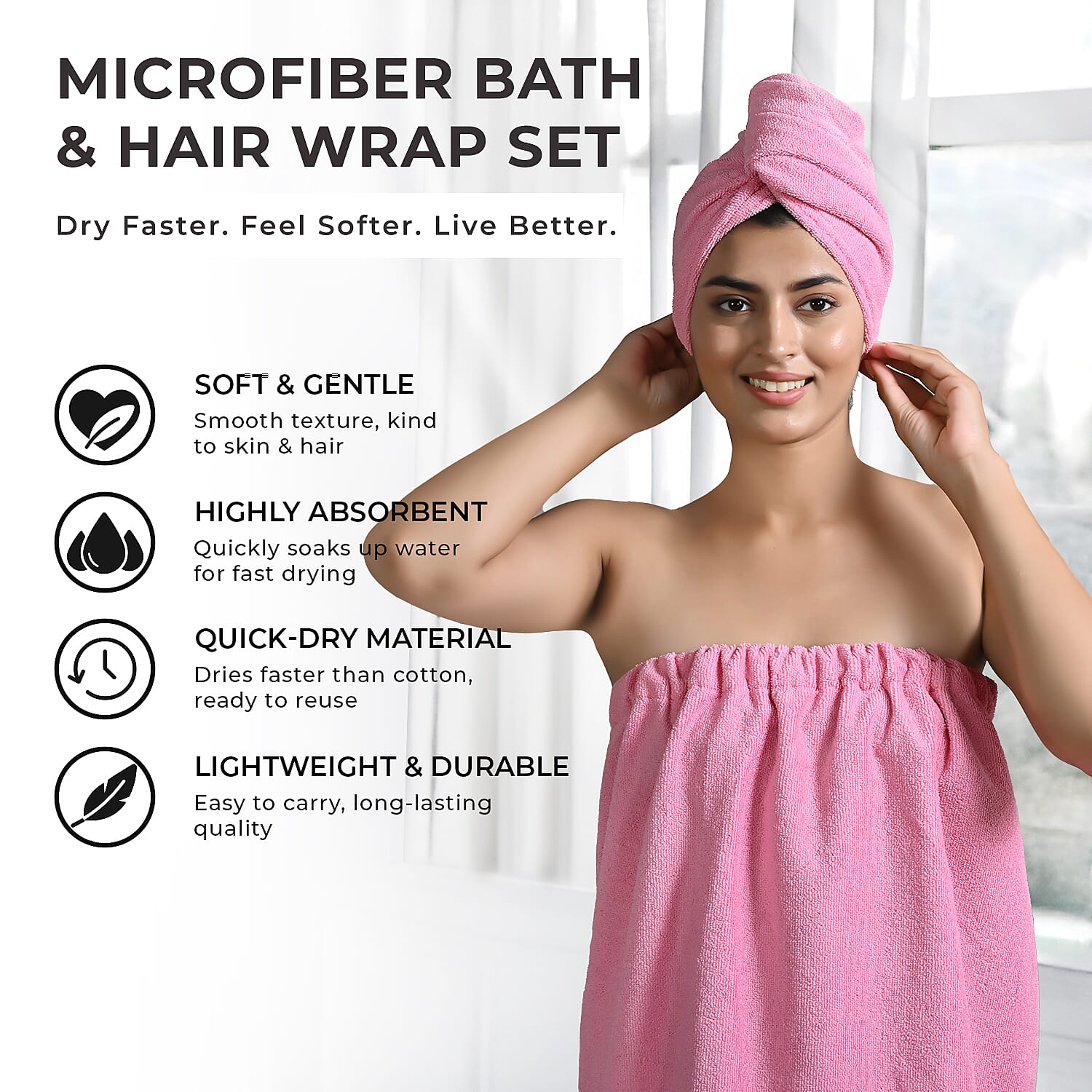 Soft - Comfortable Microfiber Bath and Hair Wrap Cap Set - Light Pink