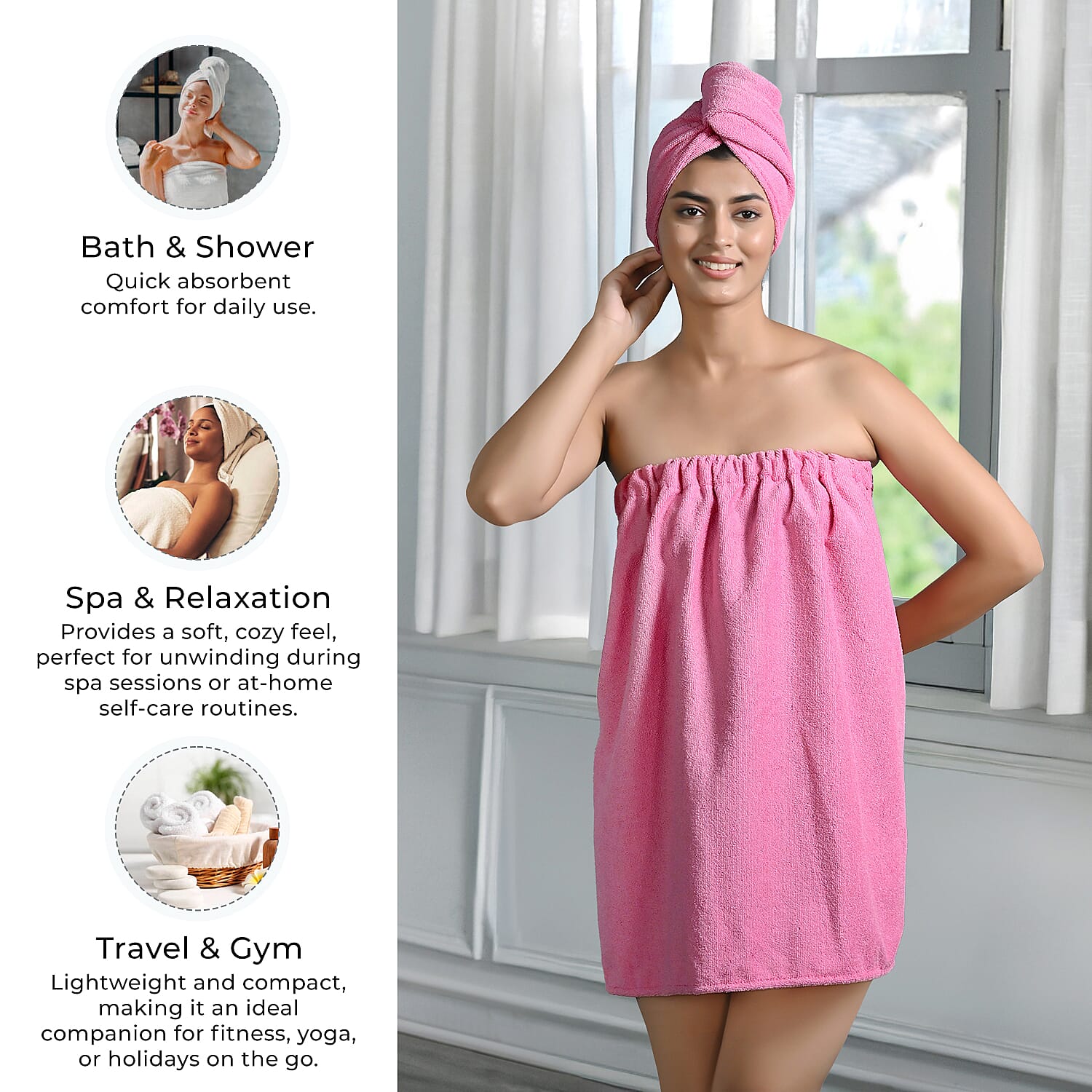 Soft - Comfortable Microfiber Bath and Hair Wrap Cap Set - Light Pink