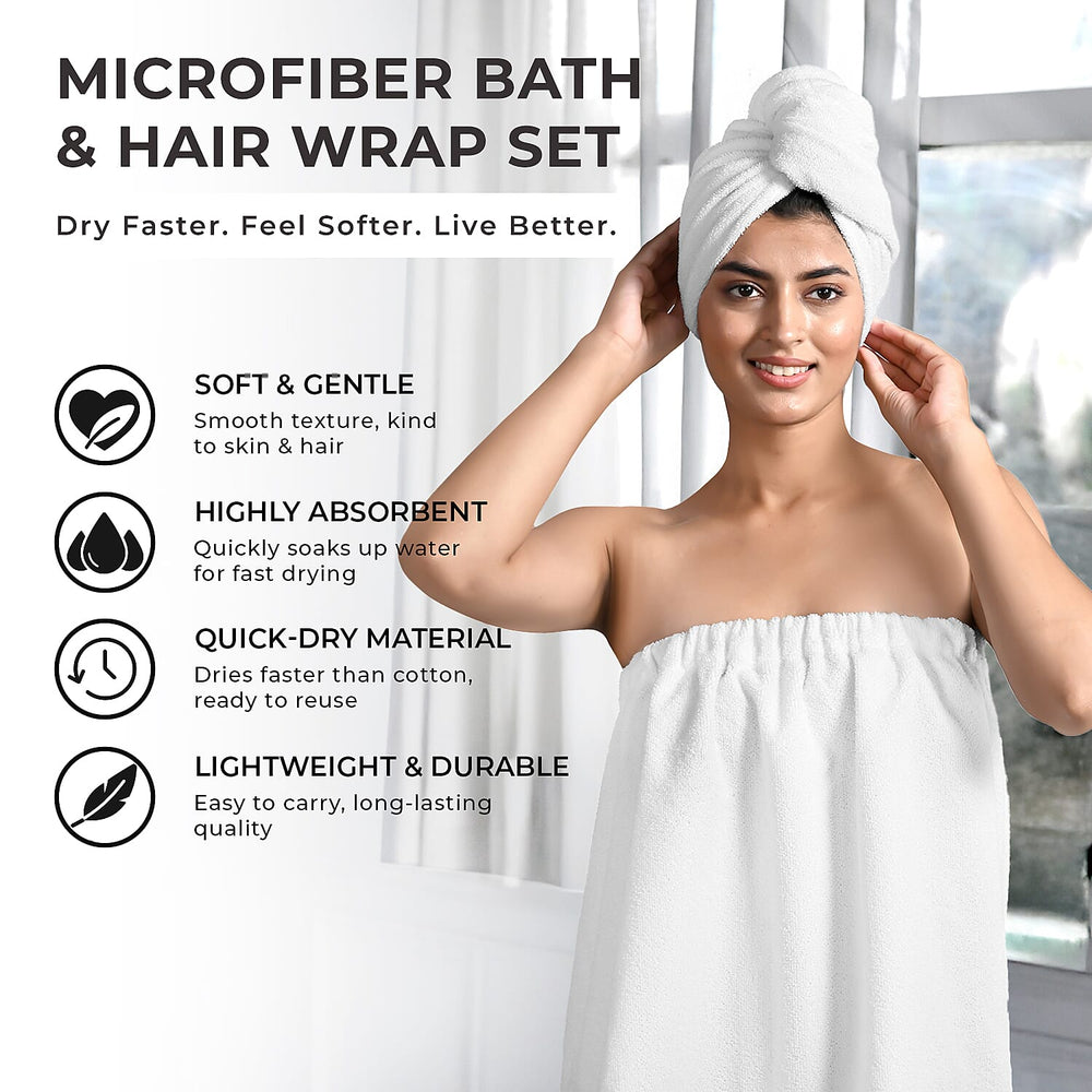 Soft - Comfortable Microfiber Bath and Hair Wrap Cap Set - White