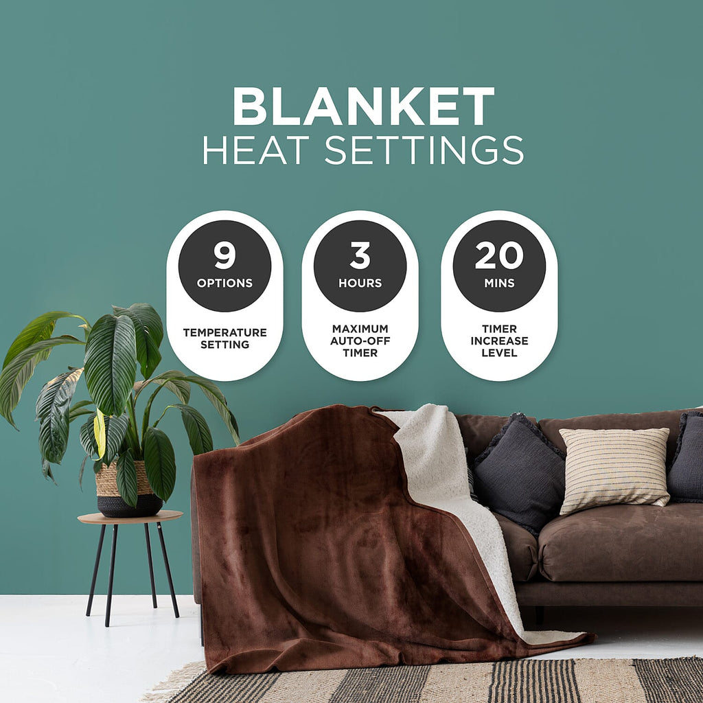 Super Soft Sherpa Fleece Electric Blanket with 9 Adjustable Heat Settings - Brown