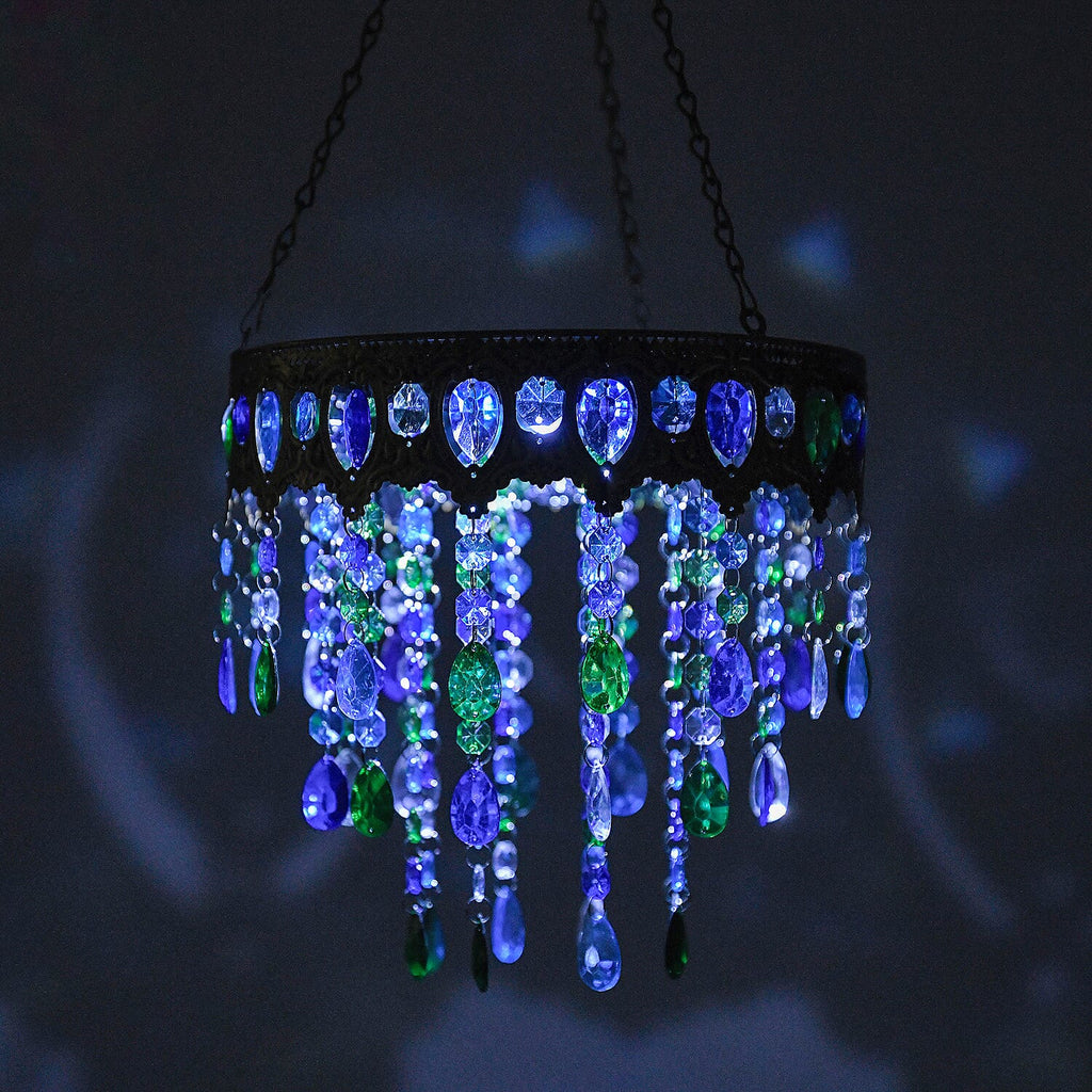 Solar Outdoor Chandelier with Butterfly Synthetic Crystal Beads - Leaves Design - Multicolour
