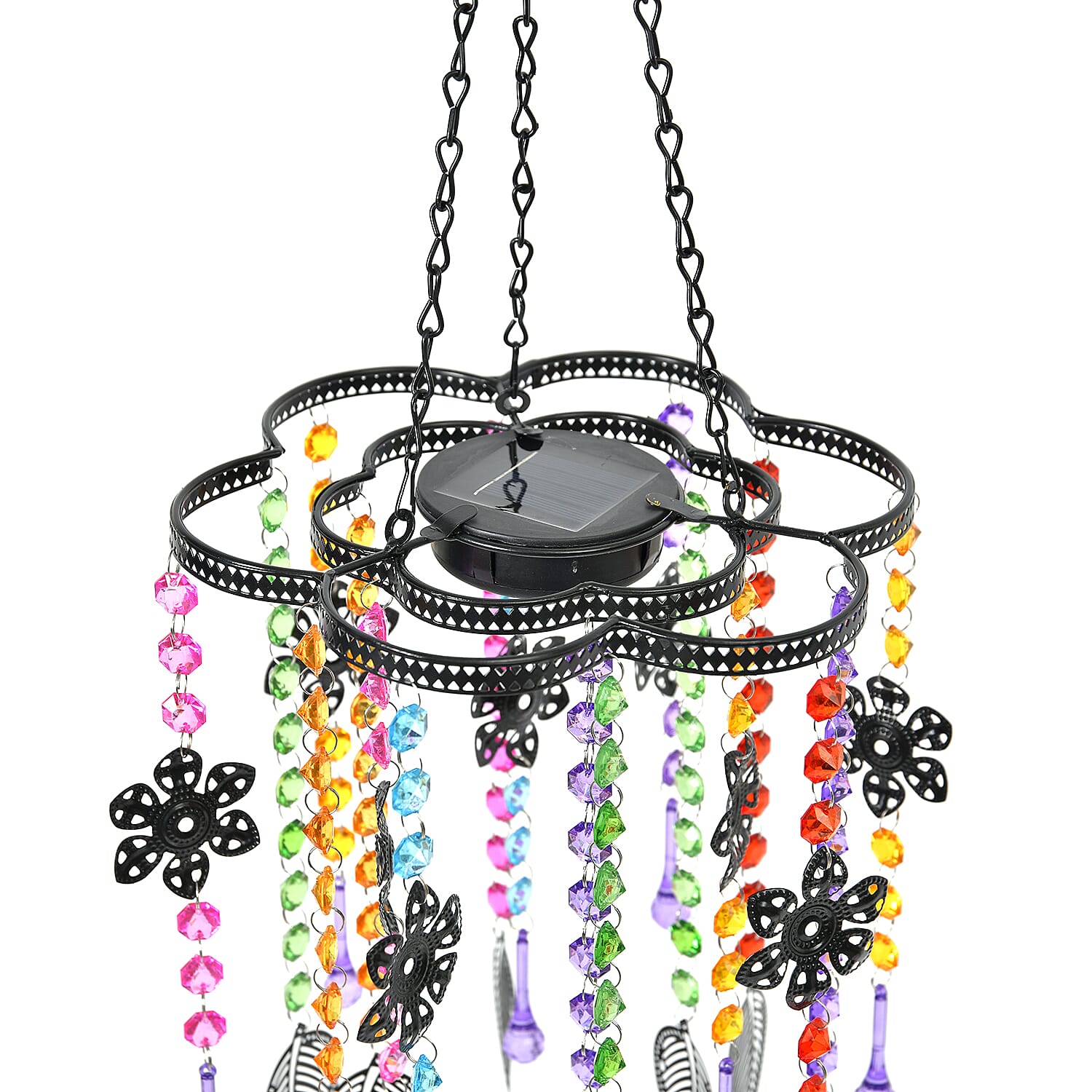 Solar Outdoor Chandelier with Synthetic Crystal Beads, Flower - Leaves Design - Multicolor