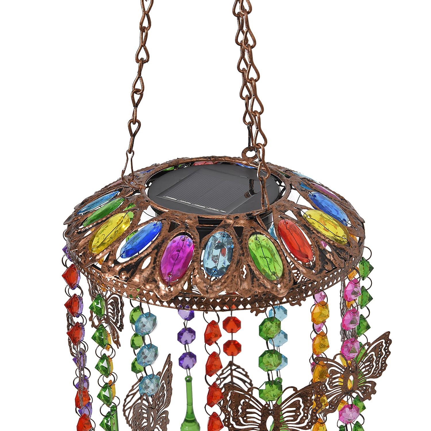 Solar Outdoor Chandelier with Butterfly Synthetic Crystal Beads - Leaves Design - Multicolour