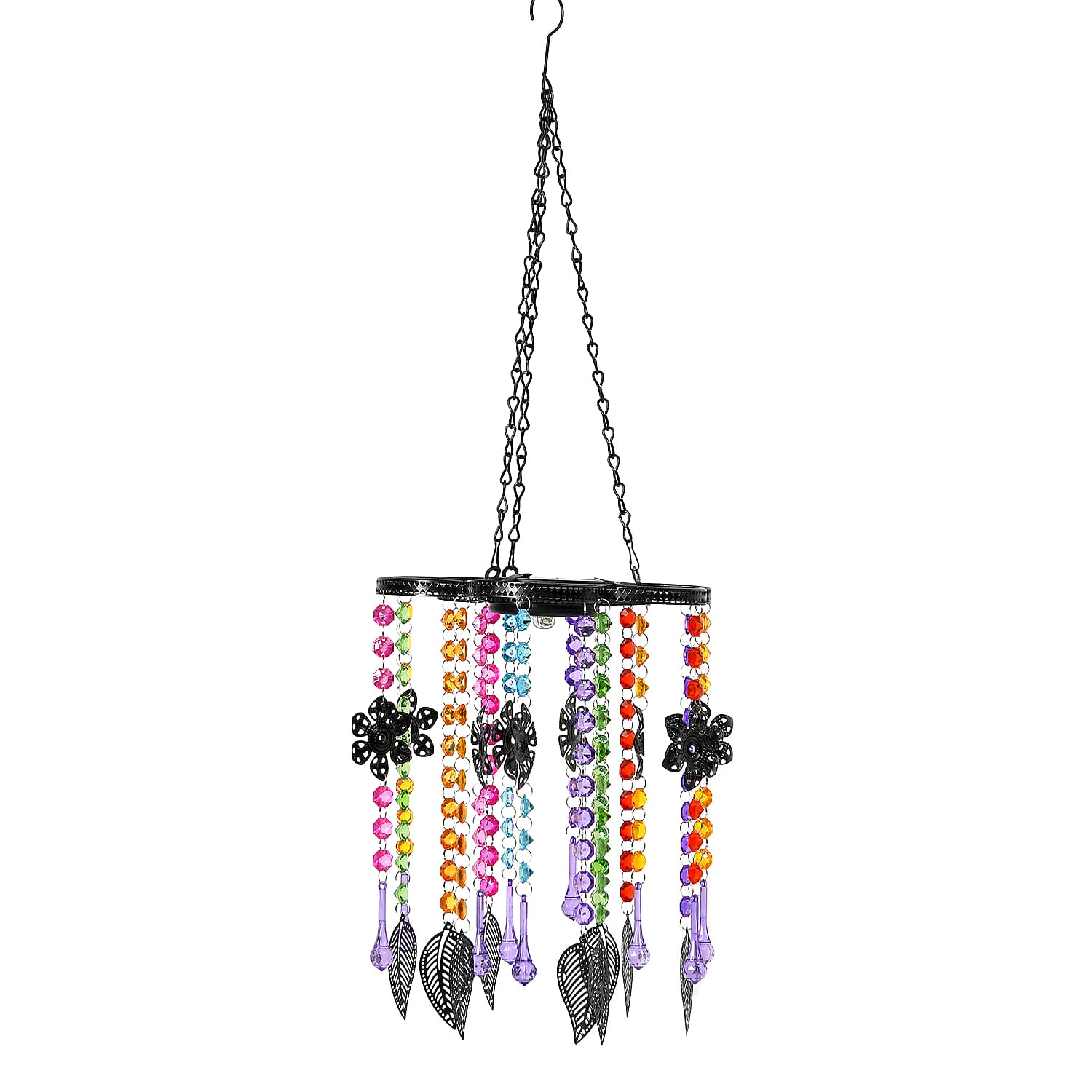 Solar Outdoor Chandelier with Synthetic Crystal Beads, Flower - Leaves Design - Multicolor