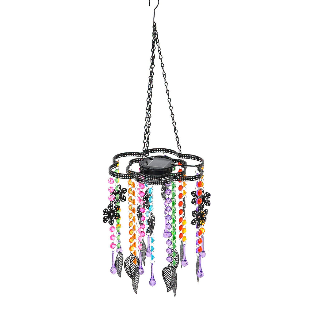 Solar Outdoor Chandelier with Synthetic Crystal Beads, Flower - Leaves Design - Multicolor