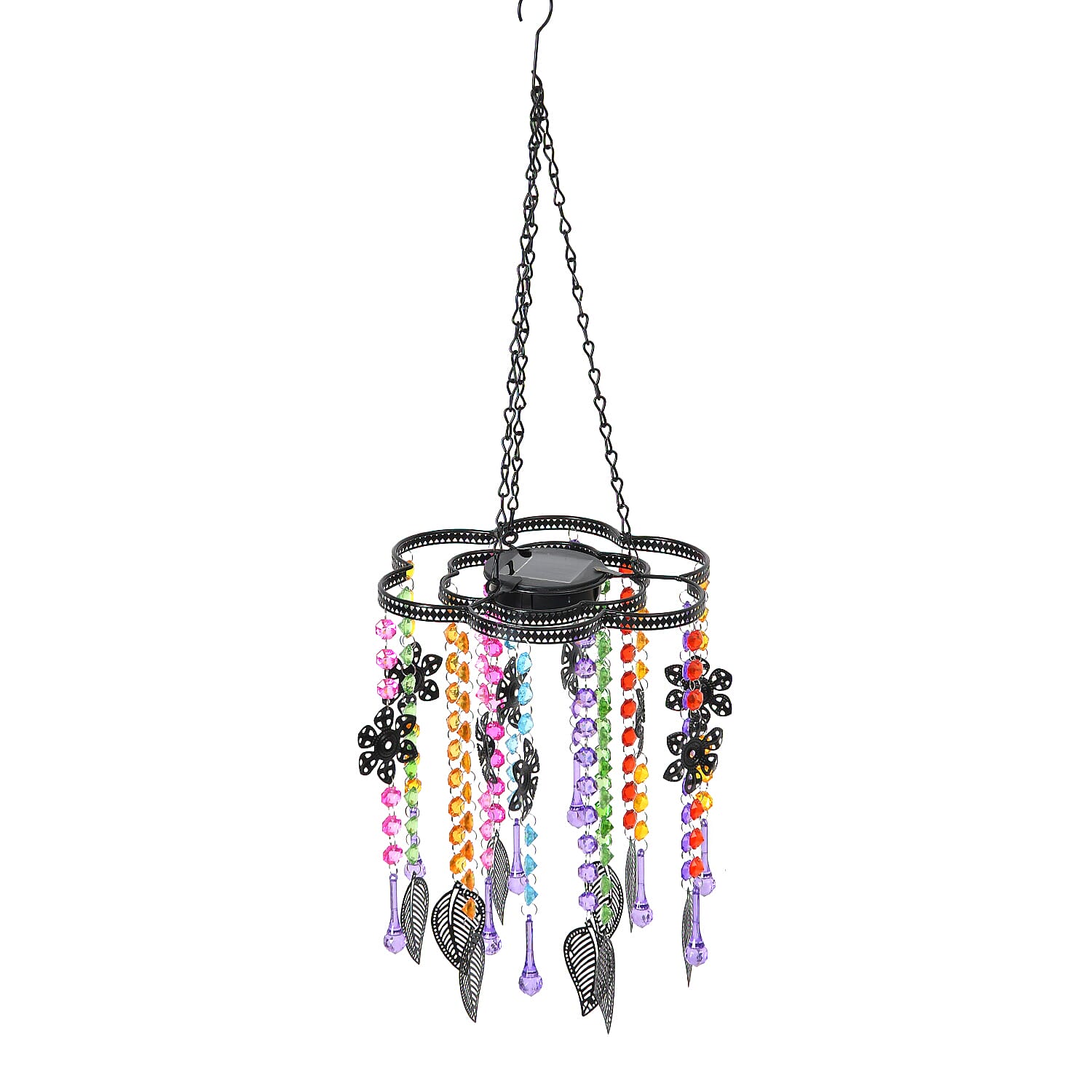 Solar Outdoor Chandelier with Synthetic Crystal Beads, Flower - Leaves Design - Multicolor