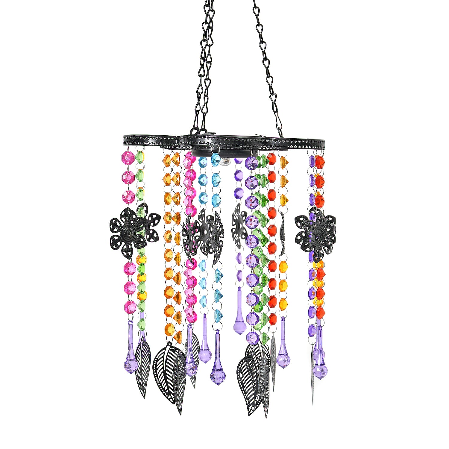 Solar Outdoor Chandelier with Synthetic Crystal Beads, Flower - Leaves Design - Multicolor