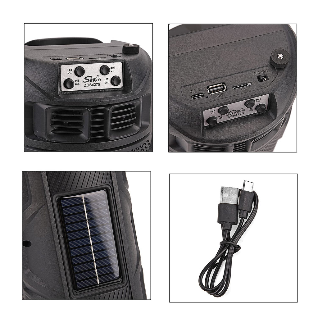 Solar Powered Bluetooth Speaker with Seven Coloured Lights - BT-USB-TF Card (Size 15x32.5X15 cm) - Black