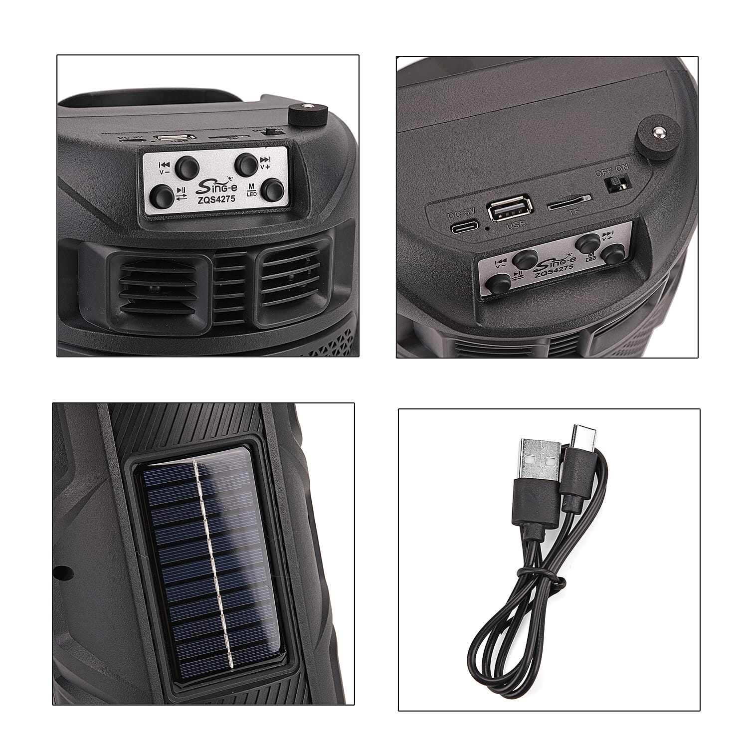 Solar Powered Bluetooth Speaker with Seven Coloured Lights - BT-USB-TF Card (Size 15x32.5X15 cm) - Black