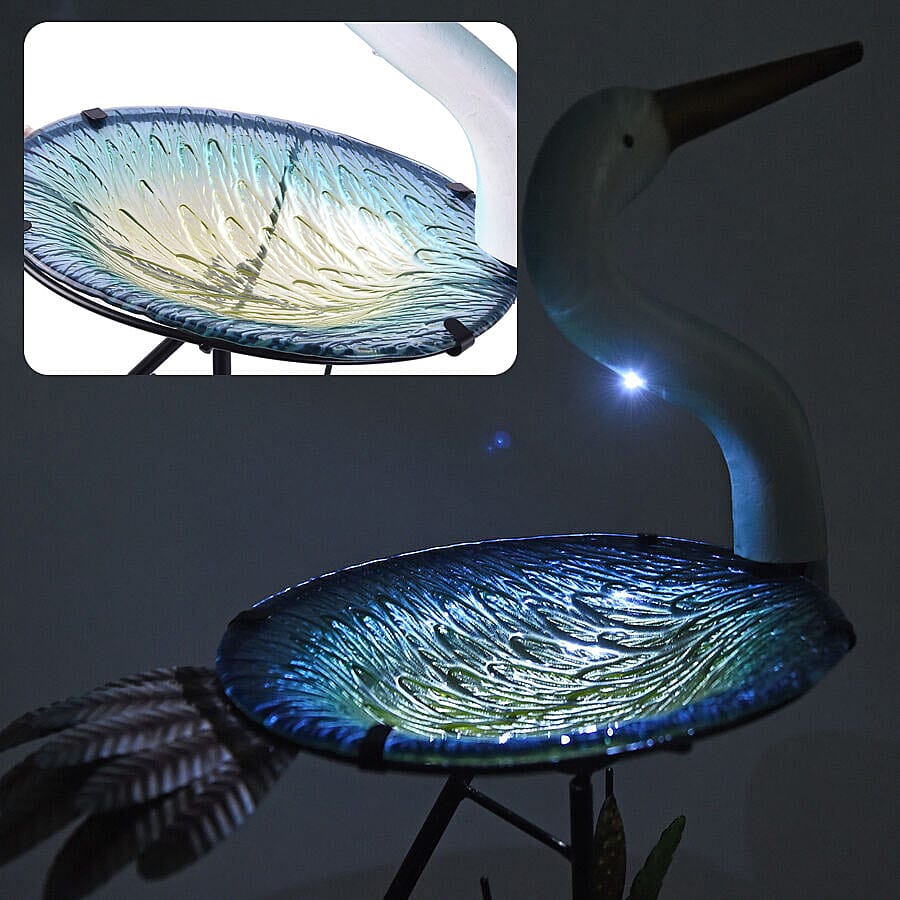 Garden Theme Crane Shaped Birdbath with Solar Light - Light Blue and Multi