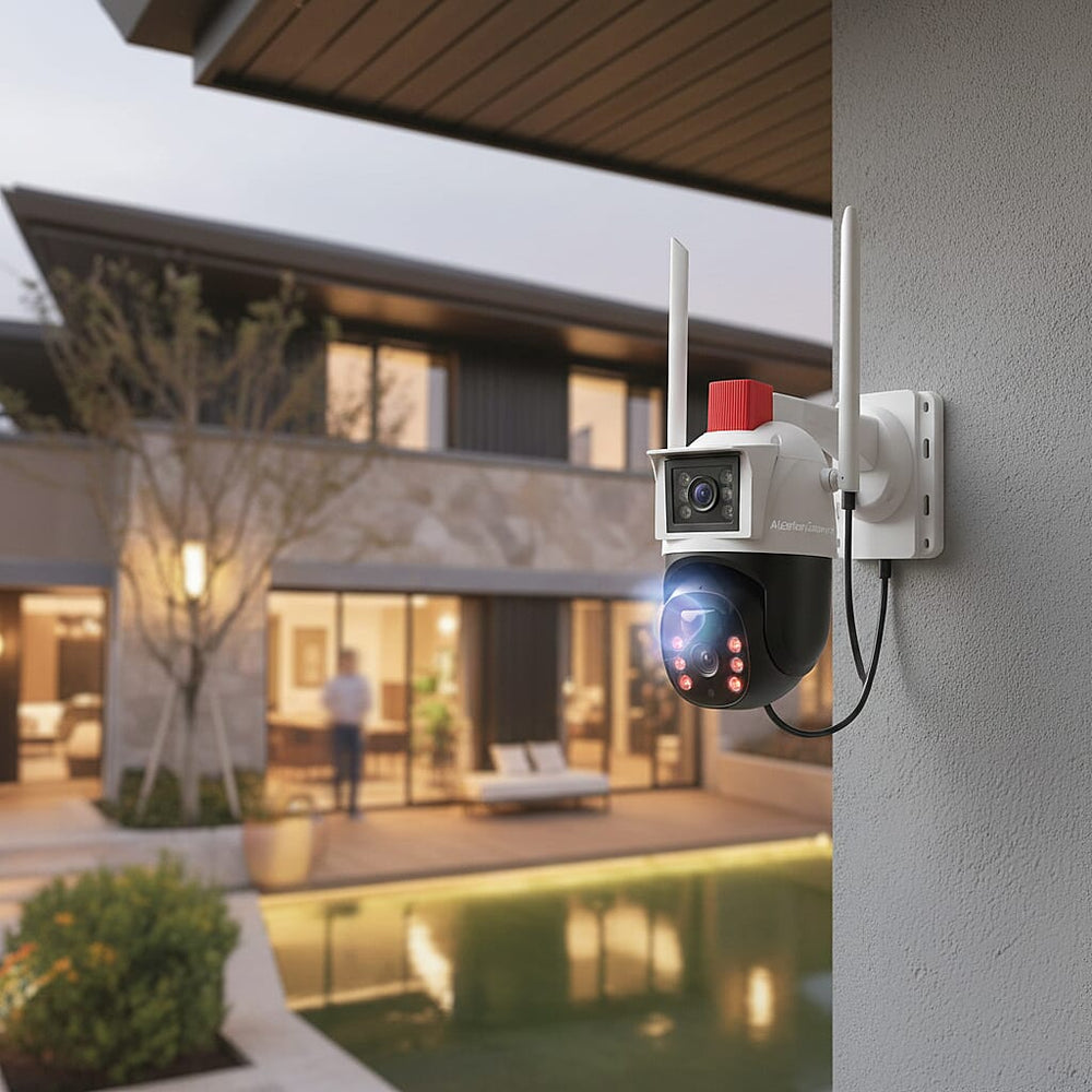 Solar Panel Dual HD Camera System with Night Vision, Flood Lights, 8W Solar Panel Included