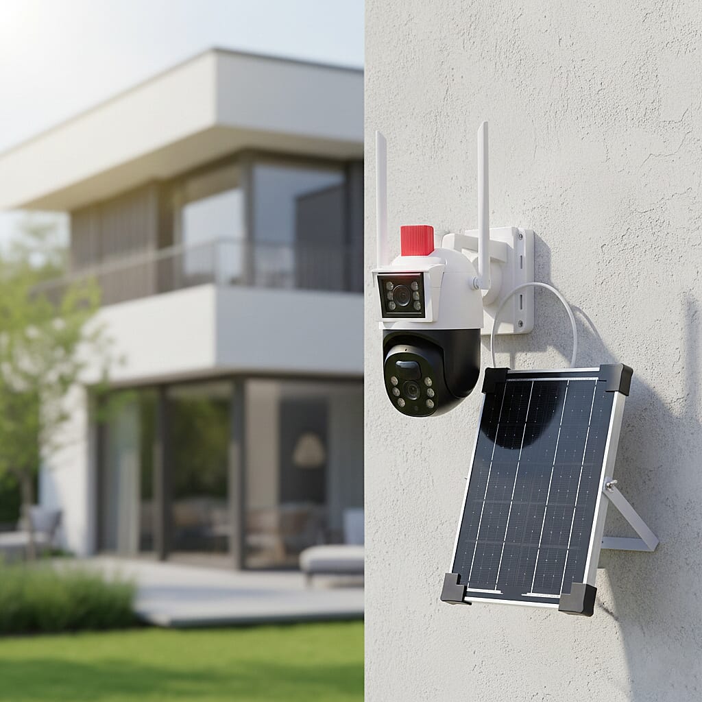 Solar Panel Dual HD Camera System with Night Vision, Flood Lights, 8W Solar Panel Included