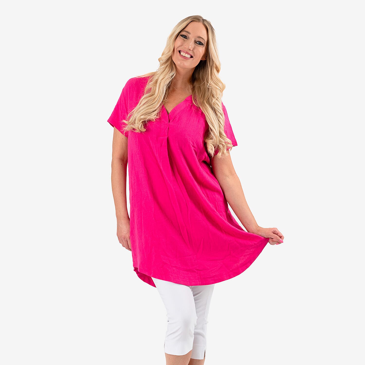 Solid Color Linen Blend Short Sleeve Dress (Size 8) - Pink