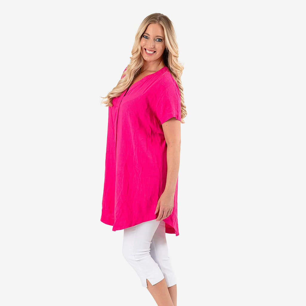 Solid Color Linen Blend Short Sleeve Dress (Size 8) - Pink
