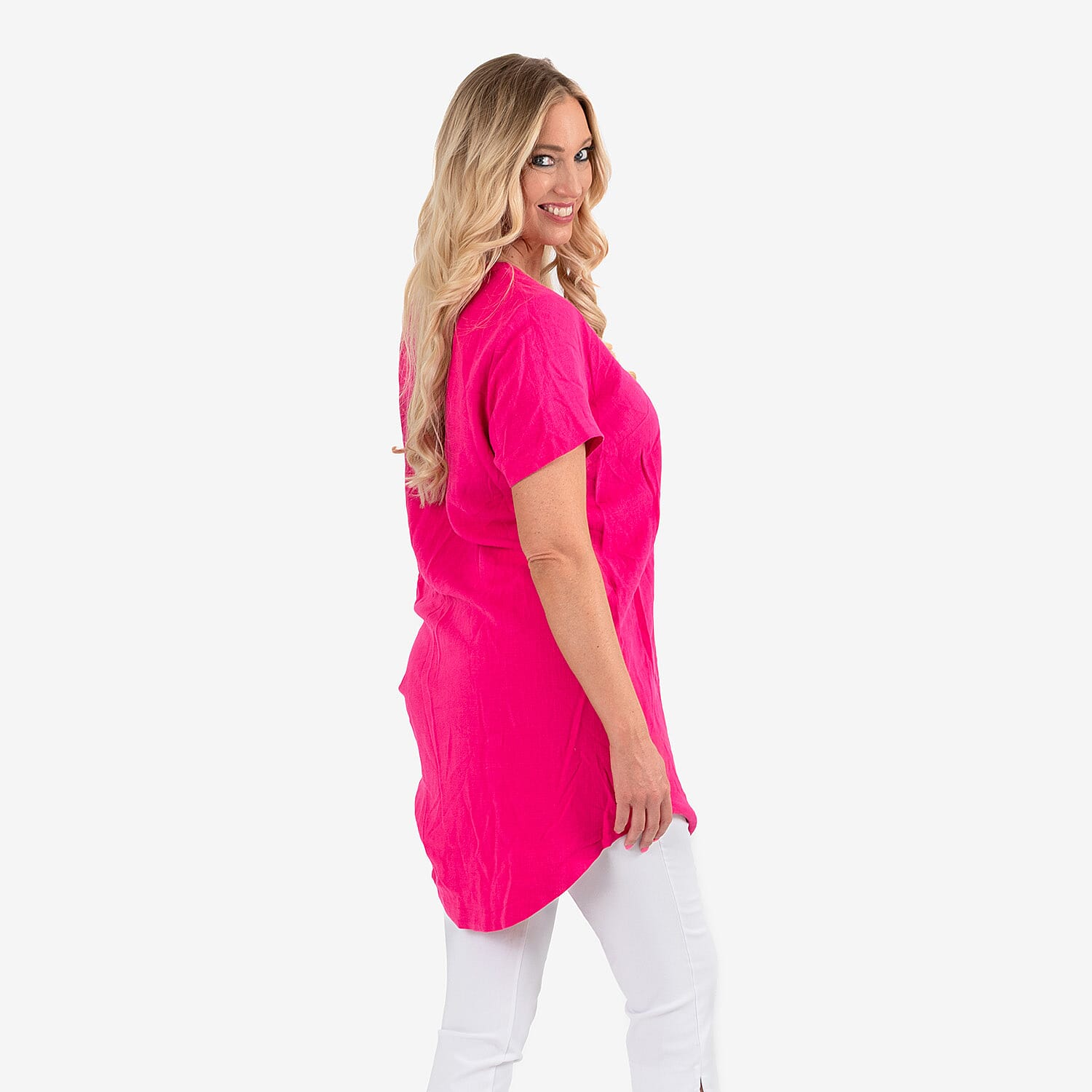 Solid Color Linen Blend Short Sleeve Dress (Size 8) - Pink