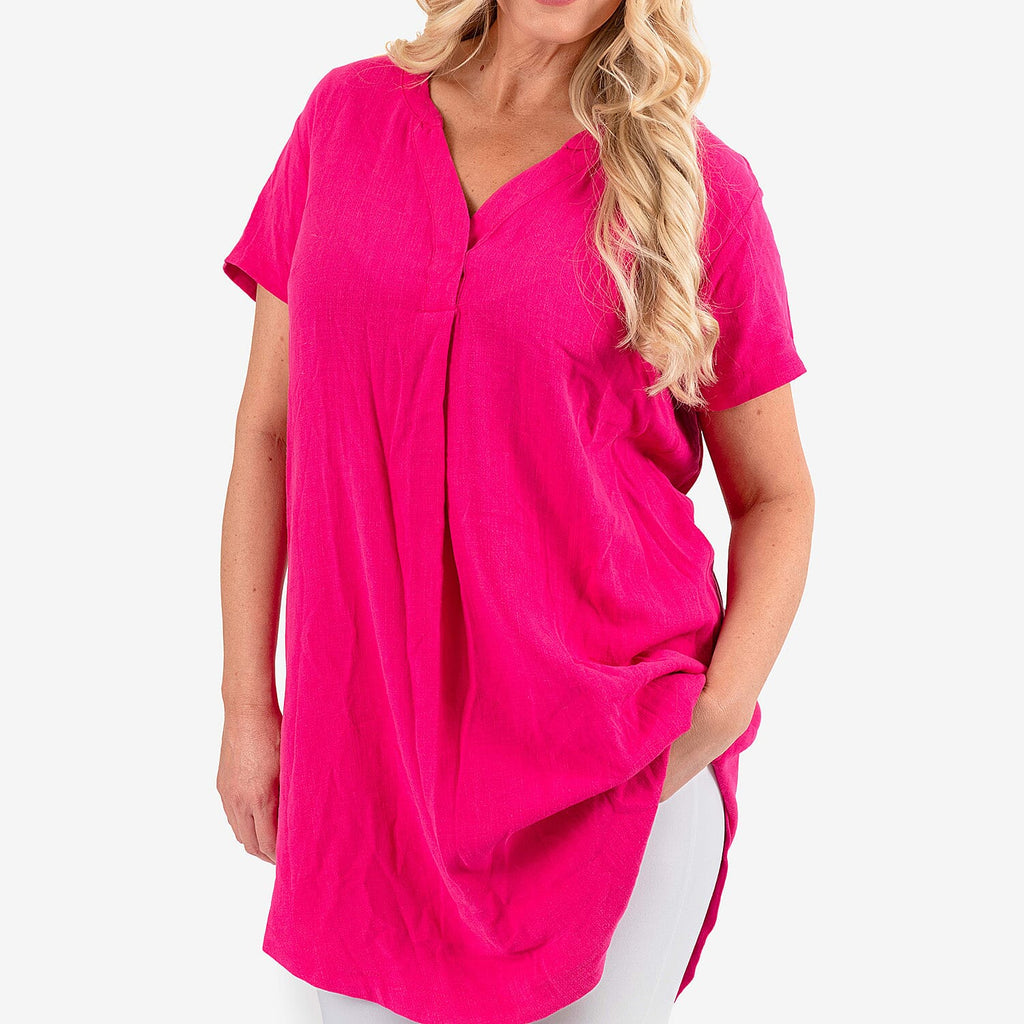 Solid Color Linen Blend Short Sleeve Dress (Size 8) - Pink
