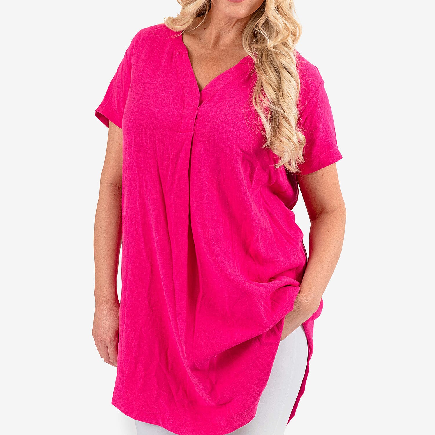 Solid Color Linen Blend Short Sleeve Dress (Size 8) - Pink