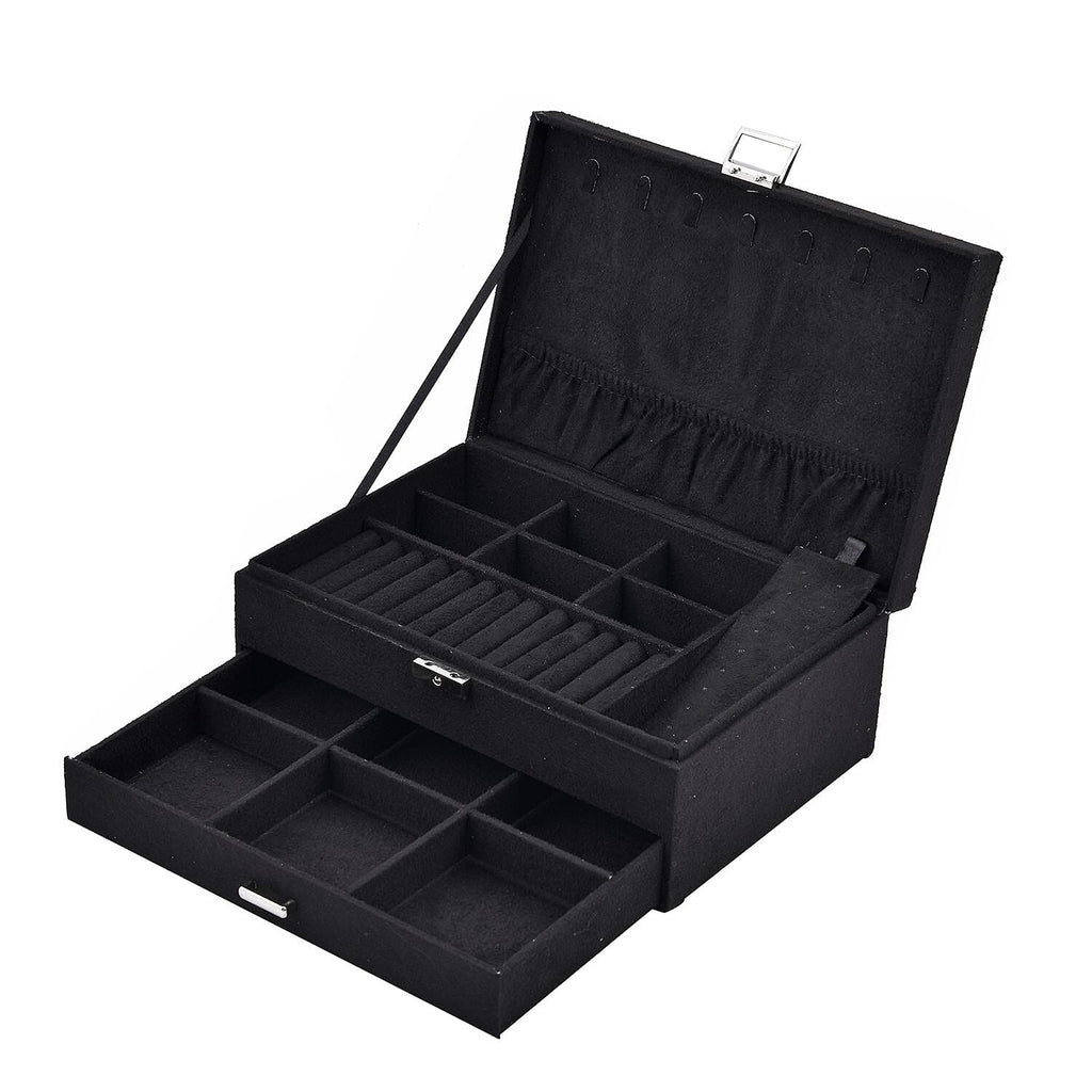 2 Layer Velvet Jewellery Box With Lock  - Black
