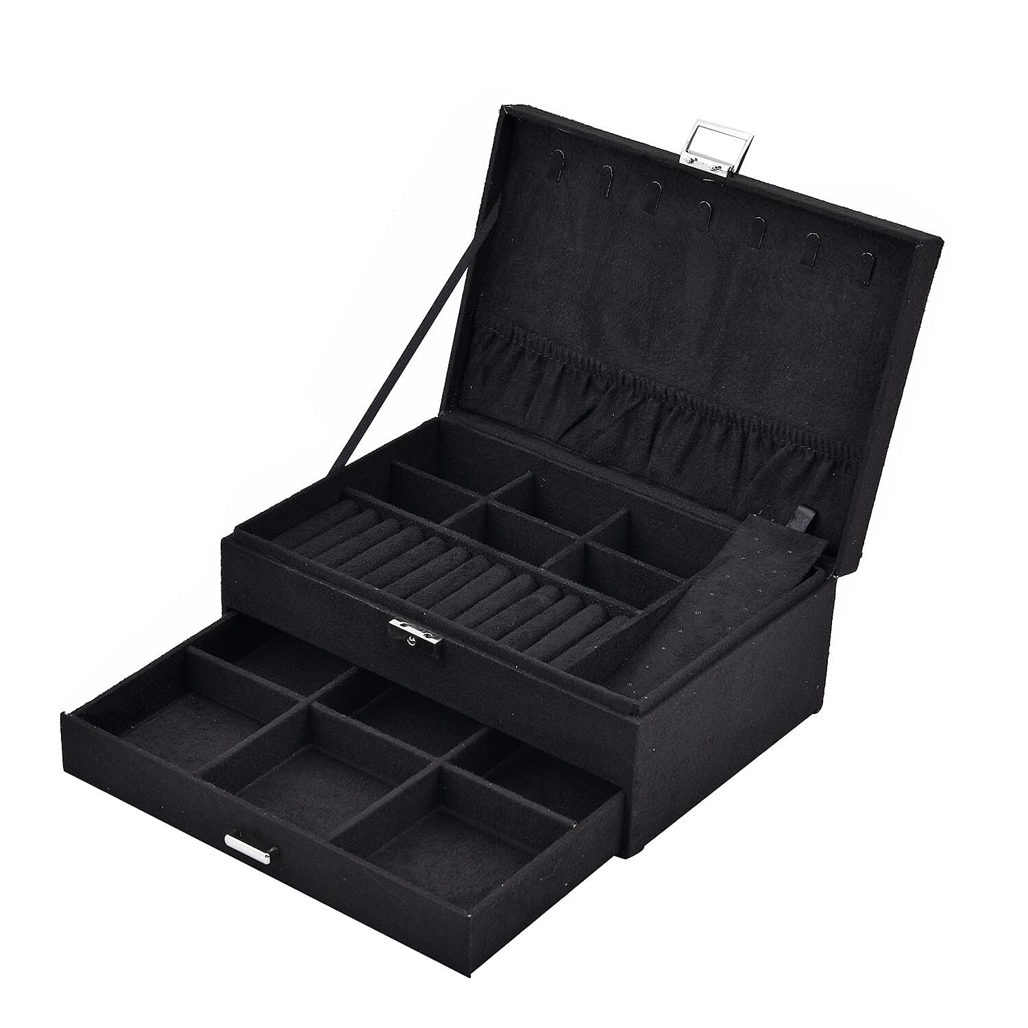 2 Layer Velvet Jewellery Box With Lock  - Black