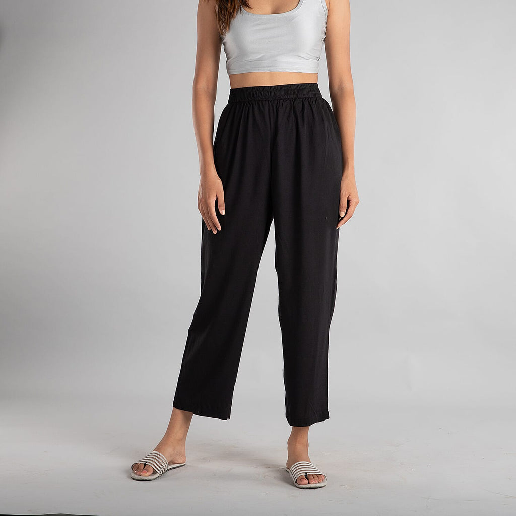 TAMSY 100% Viscose Solid Palazzo (Size-12) - Black