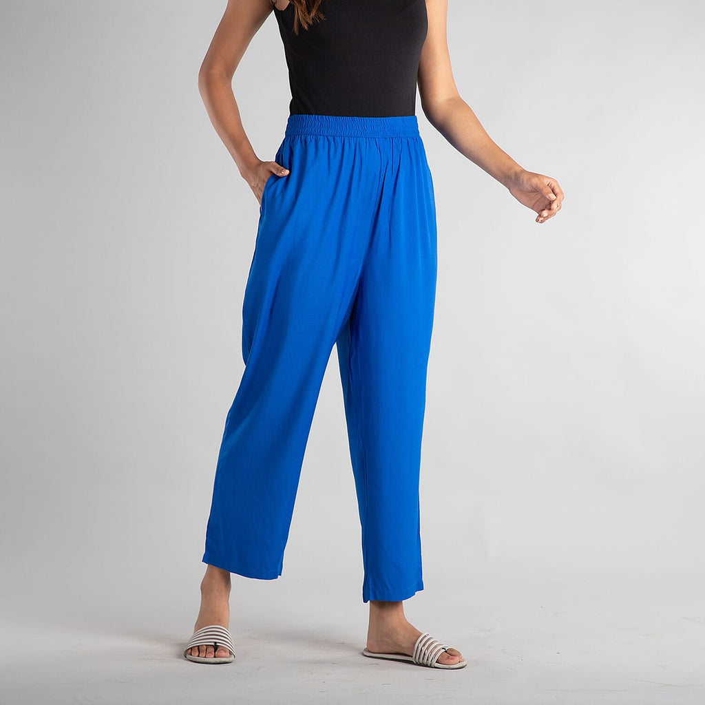 TAMSY 100% Viscose Solid Palazzo (Size-16) - Blue