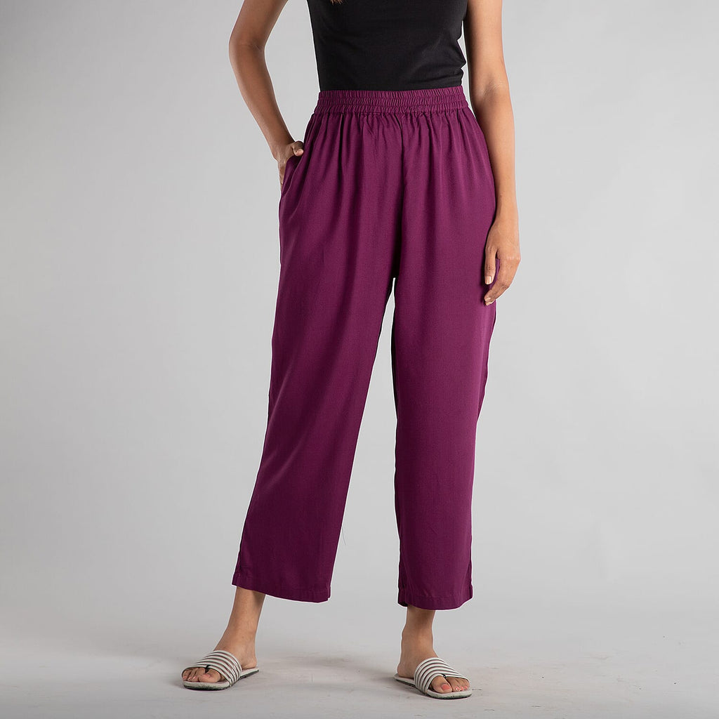 TAMSY 100% Viscose Solid Palazzo (Size-16) - Red
