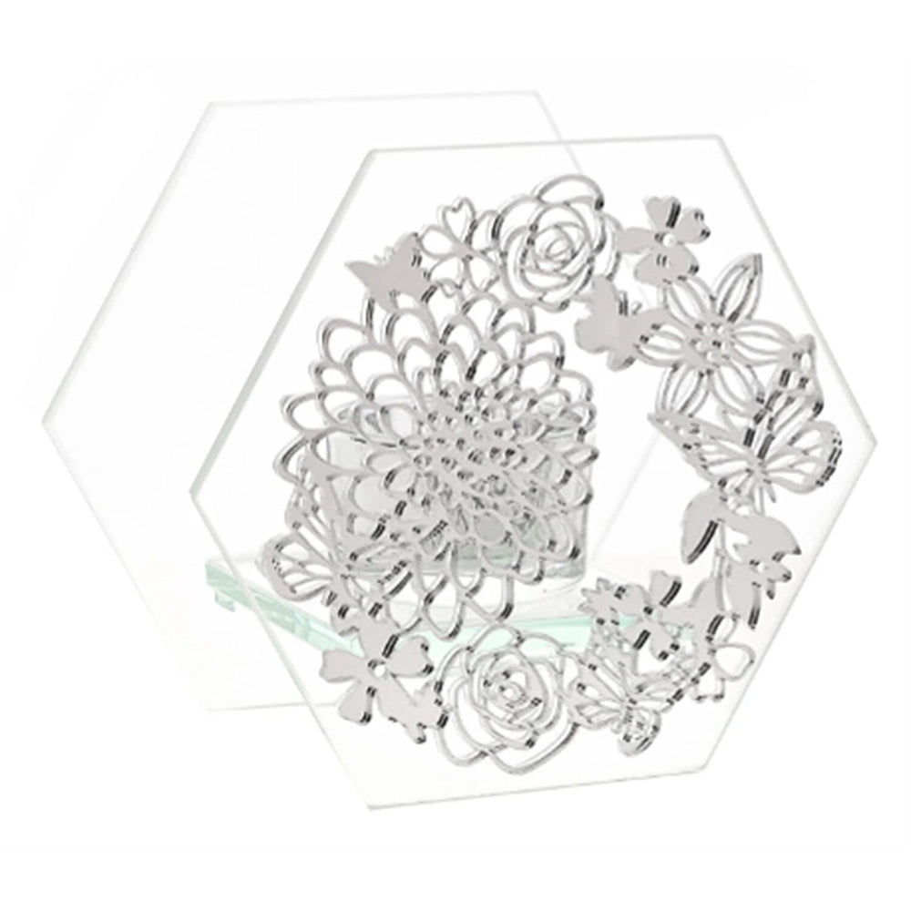 Sophia Mirrored Floral Pattern Tea Light Holder - Silver Black