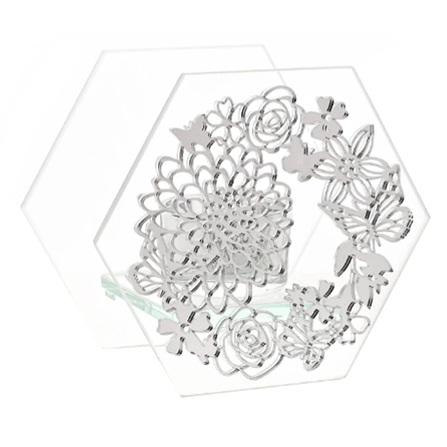 Sophia Mirrored Floral Pattern Tea Light Holder - Silver Black