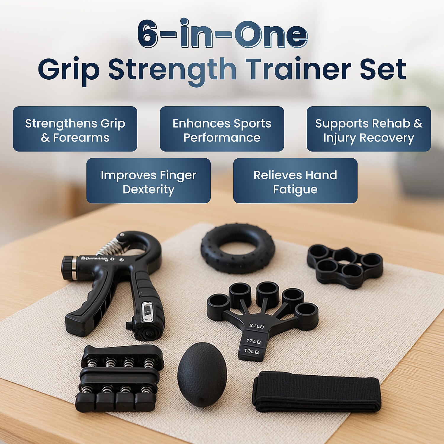 Soulsmart 6-in-1 Grip Strength Training Set - Adjustable Gripper, Rings, Balls, & Finger Exercisers - Black